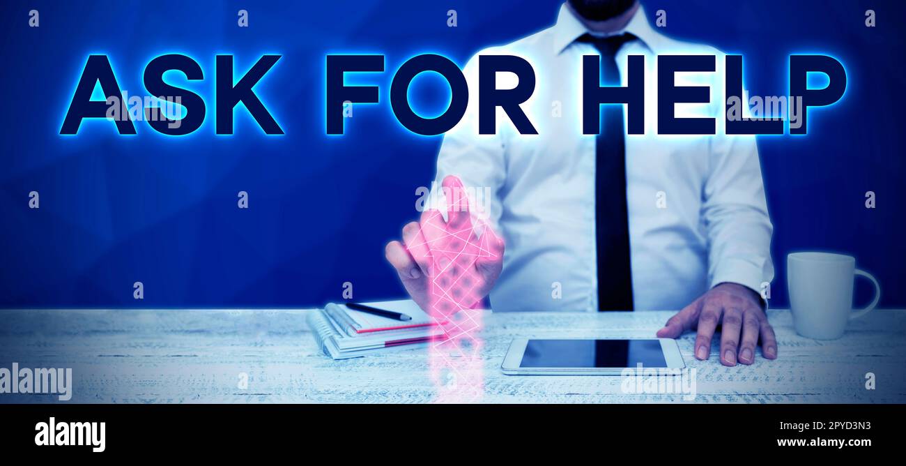Textüberschrift Präsentation „Hilfe anfordern“. Geschäftsübersicht Support-Anfrage benötigt professionelle Beratung Stockfoto