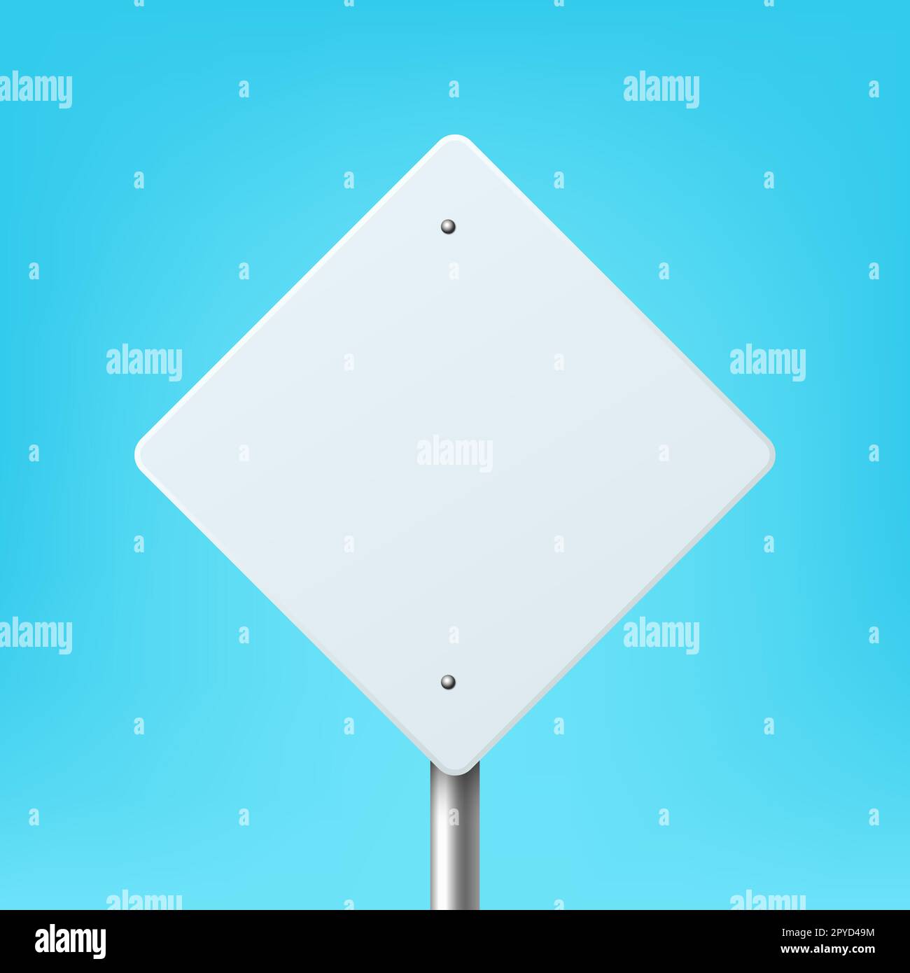 Vector Weiß Blank rautenförmiges Rahmensymbol für Straßenschilder Nahaufnahme auf blauem Hintergrund. Road Poiner Plate Design Template, Vorderansicht. Stockfoto