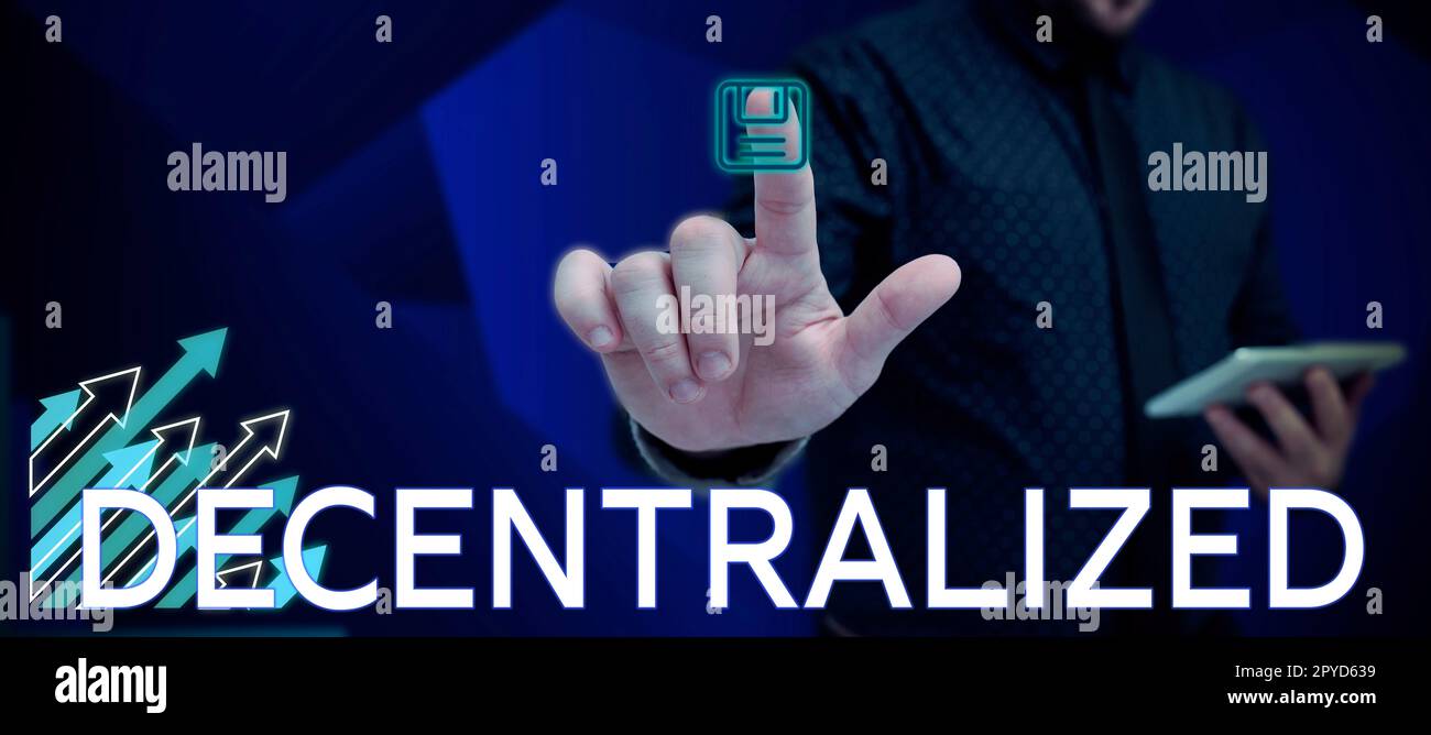 Das Schild zeigt dezentralisiert an. Geschäftsüberblick versetzt Abteilungen von einem einzigen Verwaltungszentrum weg Stockfoto