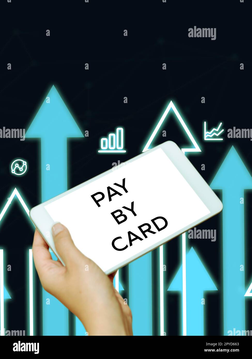 Konzeptionelle Darstellung Bezahlung per Karte. Geschäftskonzept Zahlungen auf Kredit, Lastschrift, elektronisches virtuelles Einkaufen von Geldern Stockfoto