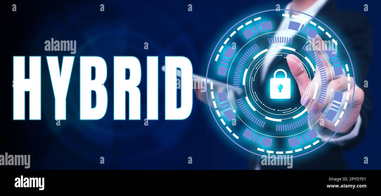 Inspiration mit Schild Hybrid. Nachkommen von zwei Pflanzen oder Tieren verschiedener Arten oder Sorten im Internet Stockfoto
