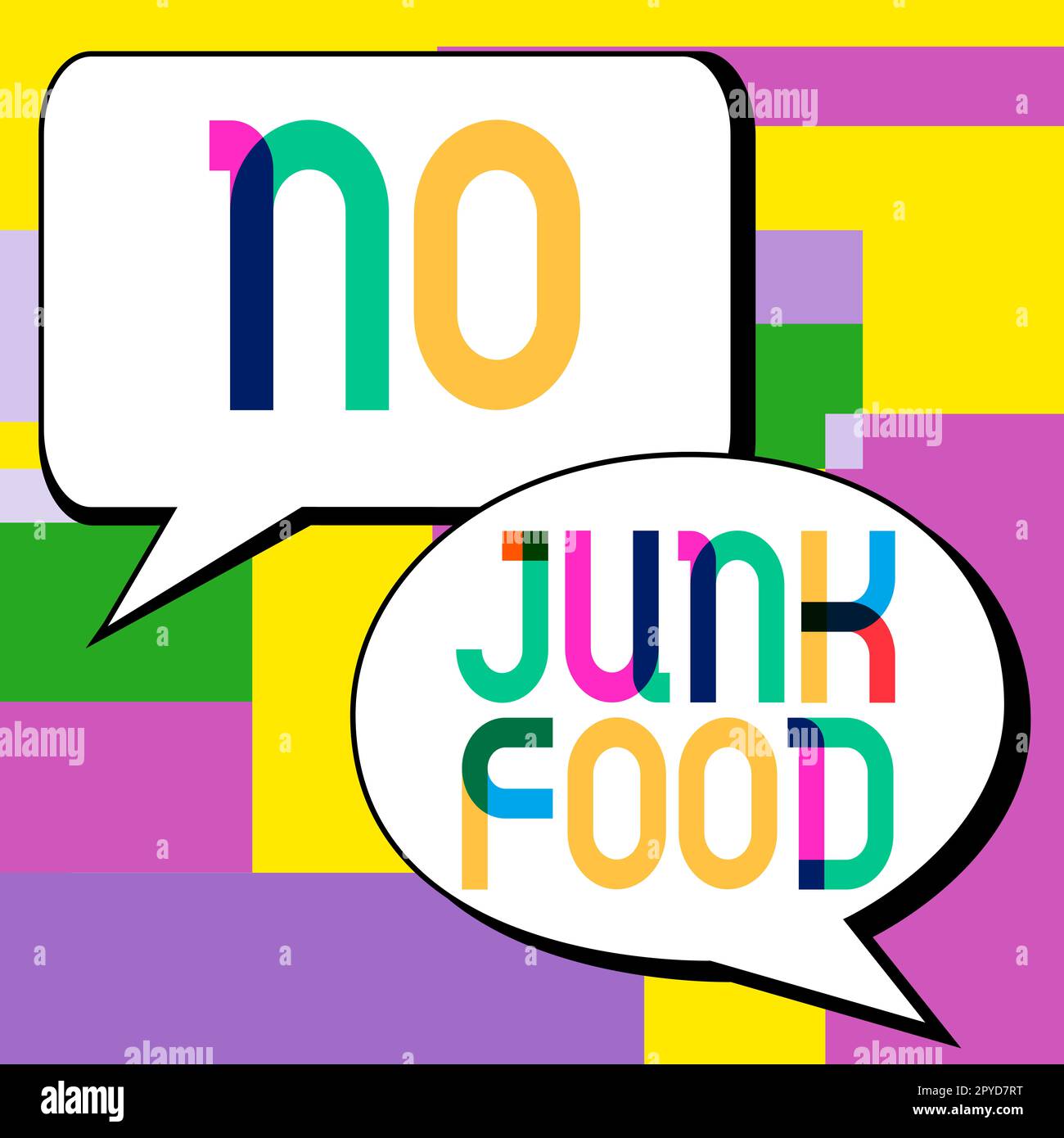 Schild mit der Aufschrift No Junk Food. Wort für Aufhören ungesunde Dinge essen gehen auf eine Diät aufgeben Burger Pommes Stockfoto