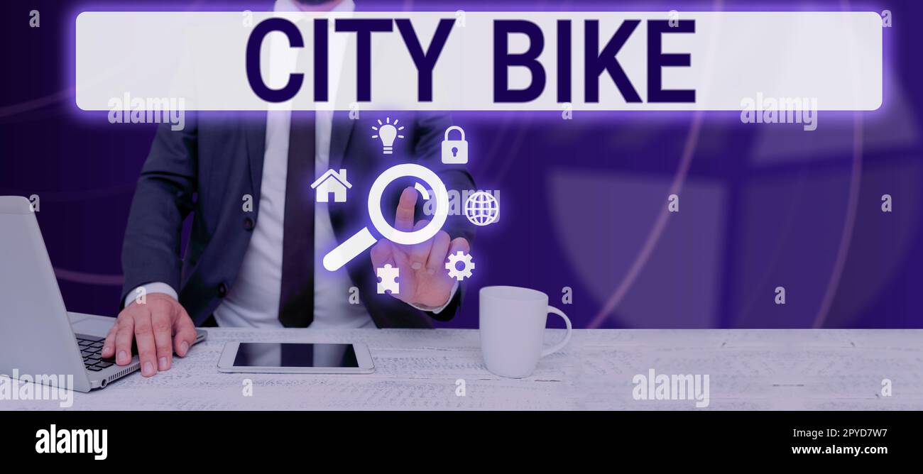 Handschriftlicher Text City Bike. Geschäftsidee für regelmäßige kurze Fahrten durch ebenso flache Stadtgebiete Stockfoto