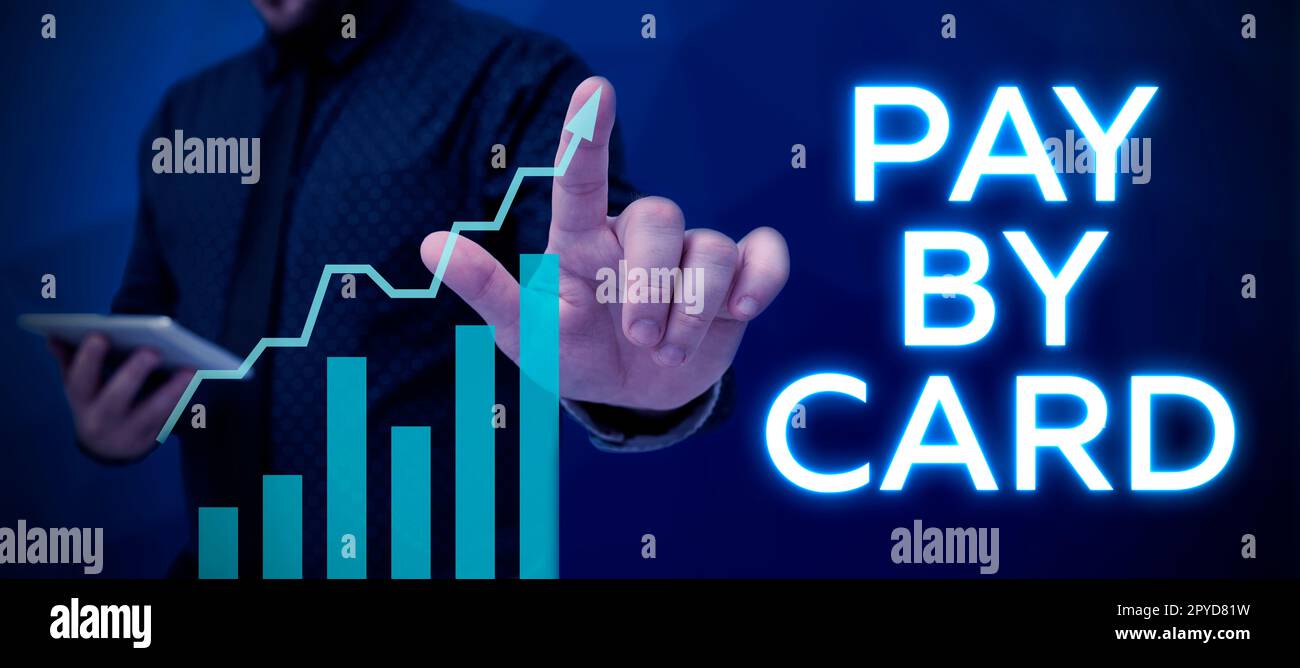Konzeptionelle Darstellung Bezahlung per Karte. Geschäftsidee Zahlungen auf Kredit, Lastschrift, elektronisches virtuelles Einkaufen von Geldern Stockfoto