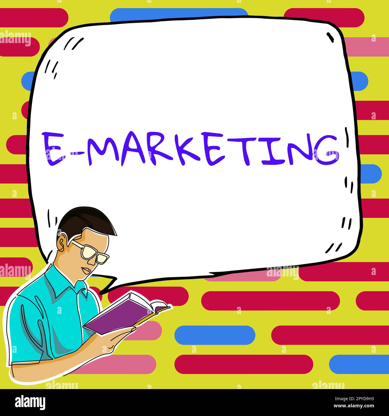 Unterschreiben Sie, dass E-Marketing angezeigt wird. Konzeptfotogeschäft, das Produkte oder Dienstleistungen elektronisch verkauft Stockfoto