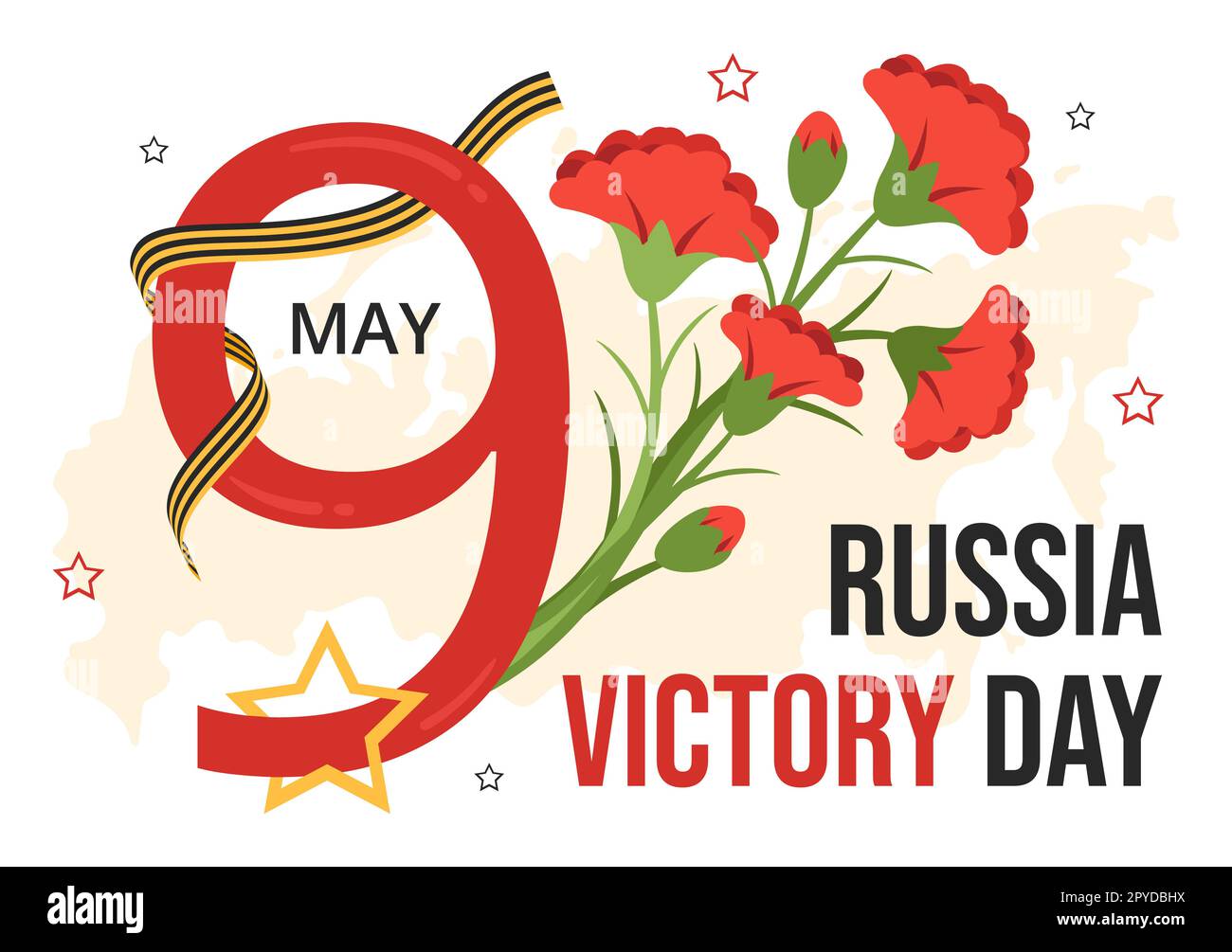 Russischer Siegesfeiertag am 9. Mai Illustration mit Medal Star of the Hero und großem Patriotischen Krieg in flachem Cartoon handgezeichnet für Landing-Page-Vorlagen Stockfoto
