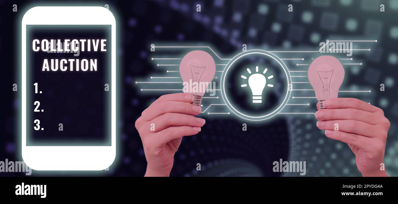 Schild mit der Anzeige der Sammelauktion. Wort für das Sammeln und Messen von Informationen über relevante Variablen Stockfoto