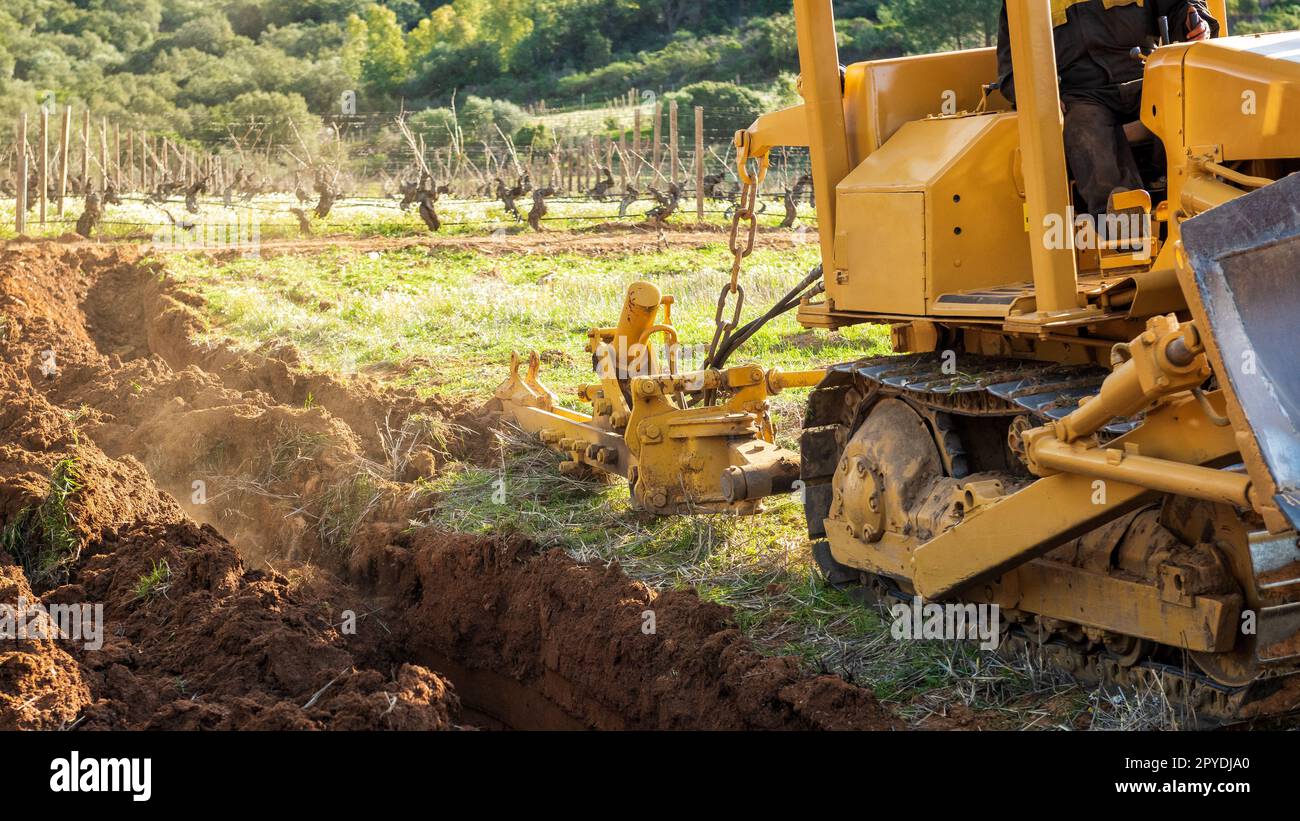 Der Landwirt bearbeitet den Boden mit dem Raupentraktor. Landwirtschaft. Stockfoto
