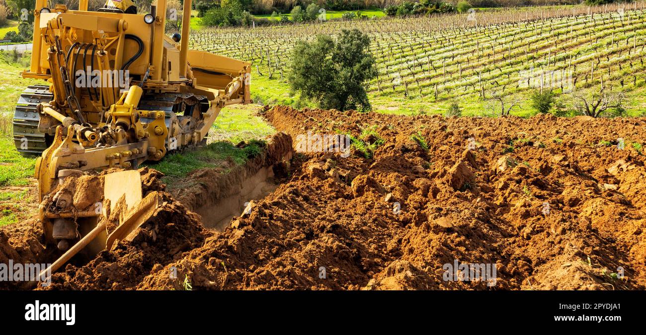 Der Landwirt bearbeitet den Boden mit dem Raupentraktor. Landwirtschaft. Stockfoto