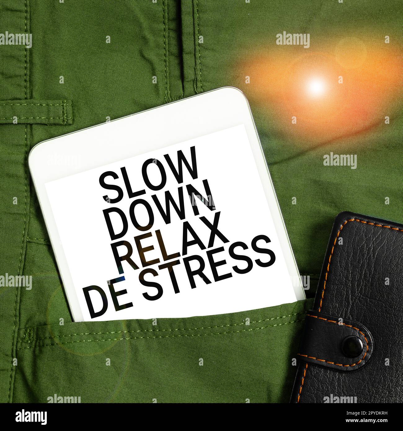 Handgeschriebener Text langsamer Relax De Stress. Business Concept Have a Break Stresspegel reduzieren Ruhe bewahren Stockfoto
