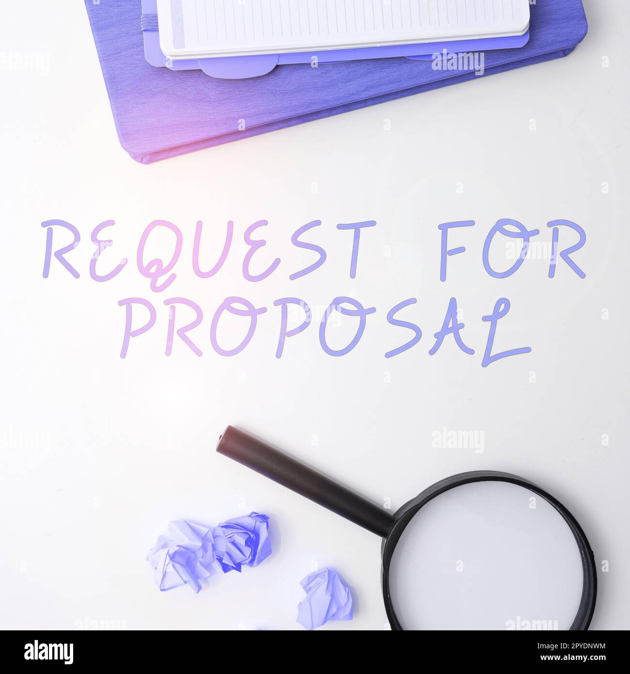 Textzeichen mit „Request for Proposal“. Wort für Dokument enthält Ausschreibungsverfahren nach Agentur oder Unternehmen Stockfoto