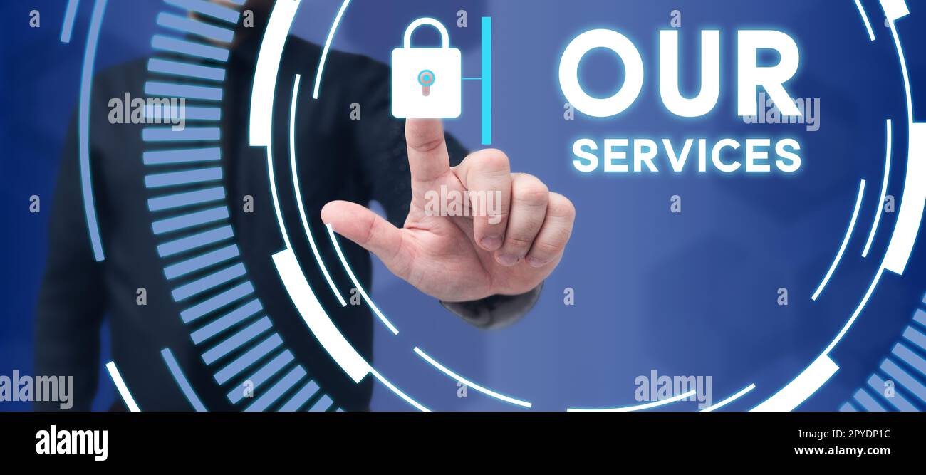 Handschrift unterschreiben unsere Dienstleistungen. Geschäftsidee Beruf oder Funktion des Servierens immaterieller Produkte Stockfoto