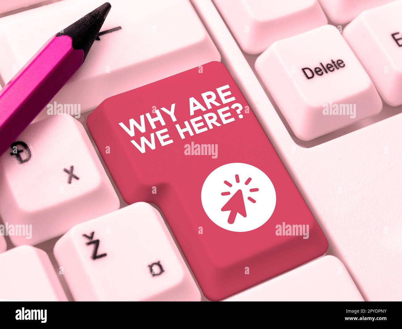 Handschriftlich: "Warum sind wir hier?" Internetkonzept Gründe, irgendwo zu sein Erklärung Zweck Stockfoto