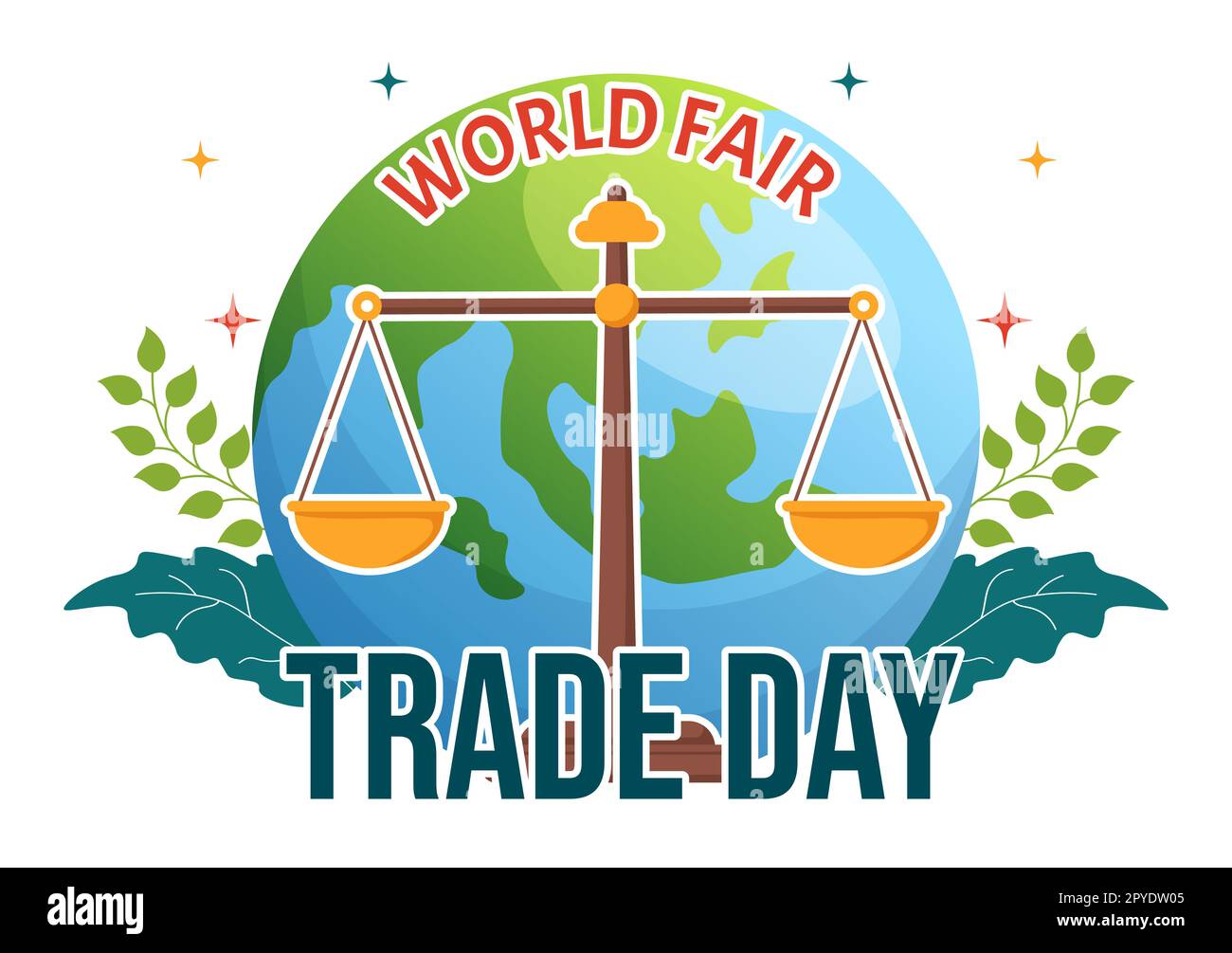 Illustration zum Welttag des fairen Handels mit digitalen Skalen, Climate Justice und Planet Economic in flachem Cartoon, handgezeichnet für Landing-Page-Vorlagen Stockfoto