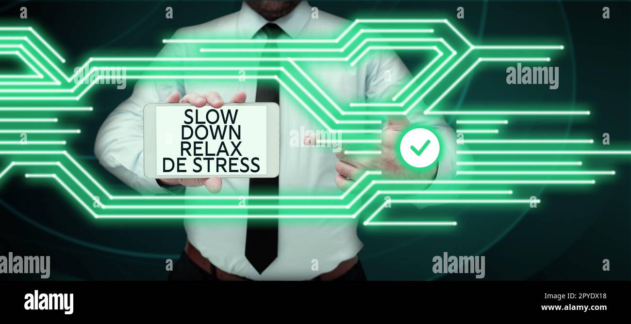 Textzeichen mit „Slow Down Relax De Stress“. Geschäftsansatz Pause Stresspegel reduzieren Ruhe bewahren Stockfoto