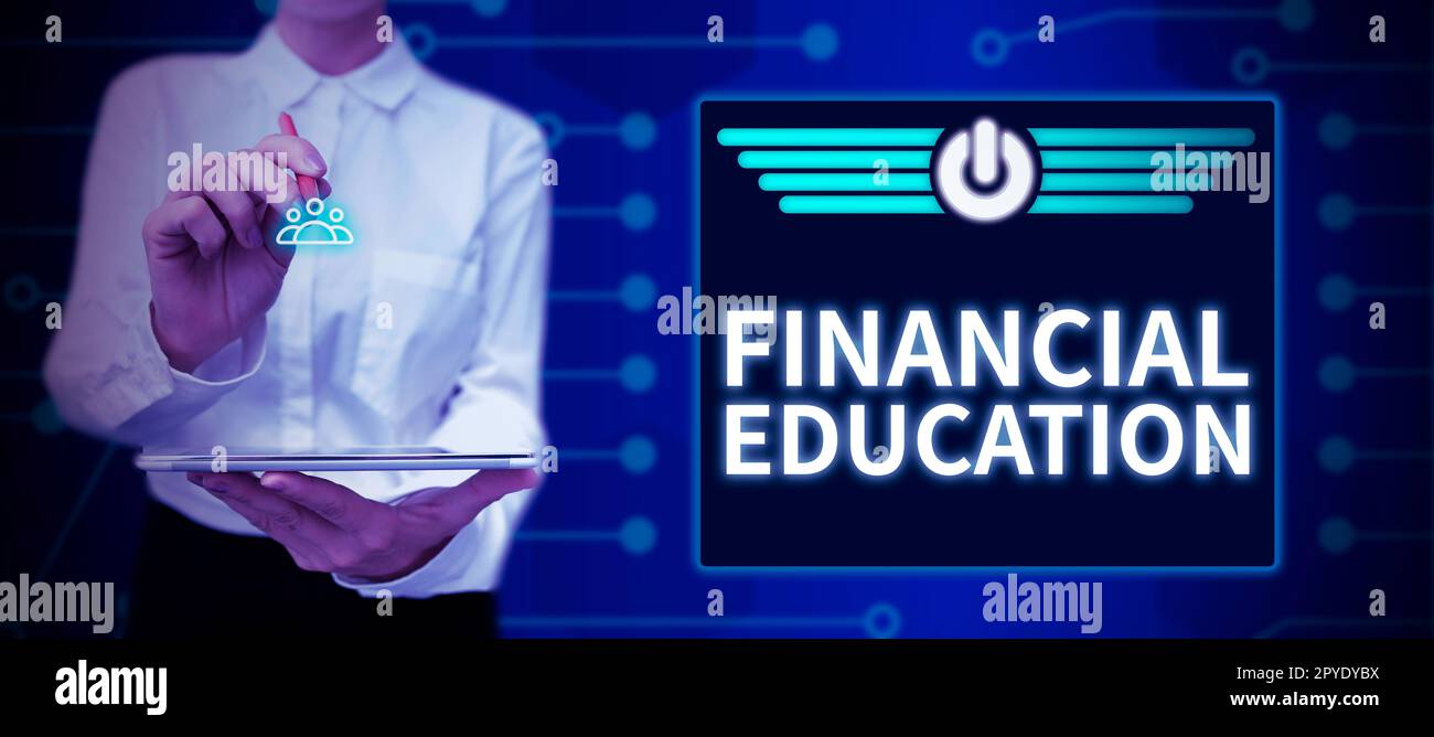 Schreiben mit Text "Financial Education". Geschäftsansatz Verständnis von Währungsbereichen wie Finanzen und Investitionen Stockfoto