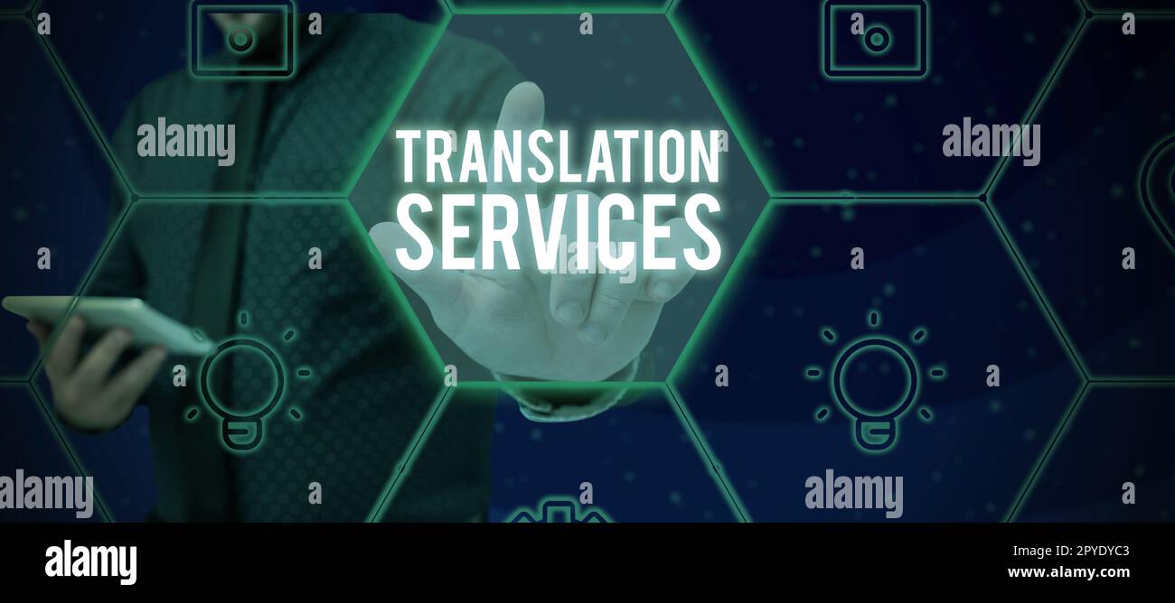 Übersetzungsdienstleistungen für Handschrift. Ein Wort, das über das Unternehmen geschrieben wurde und den Menschen die Möglichkeit gibt, Sprache zu übersetzen Stockfoto
