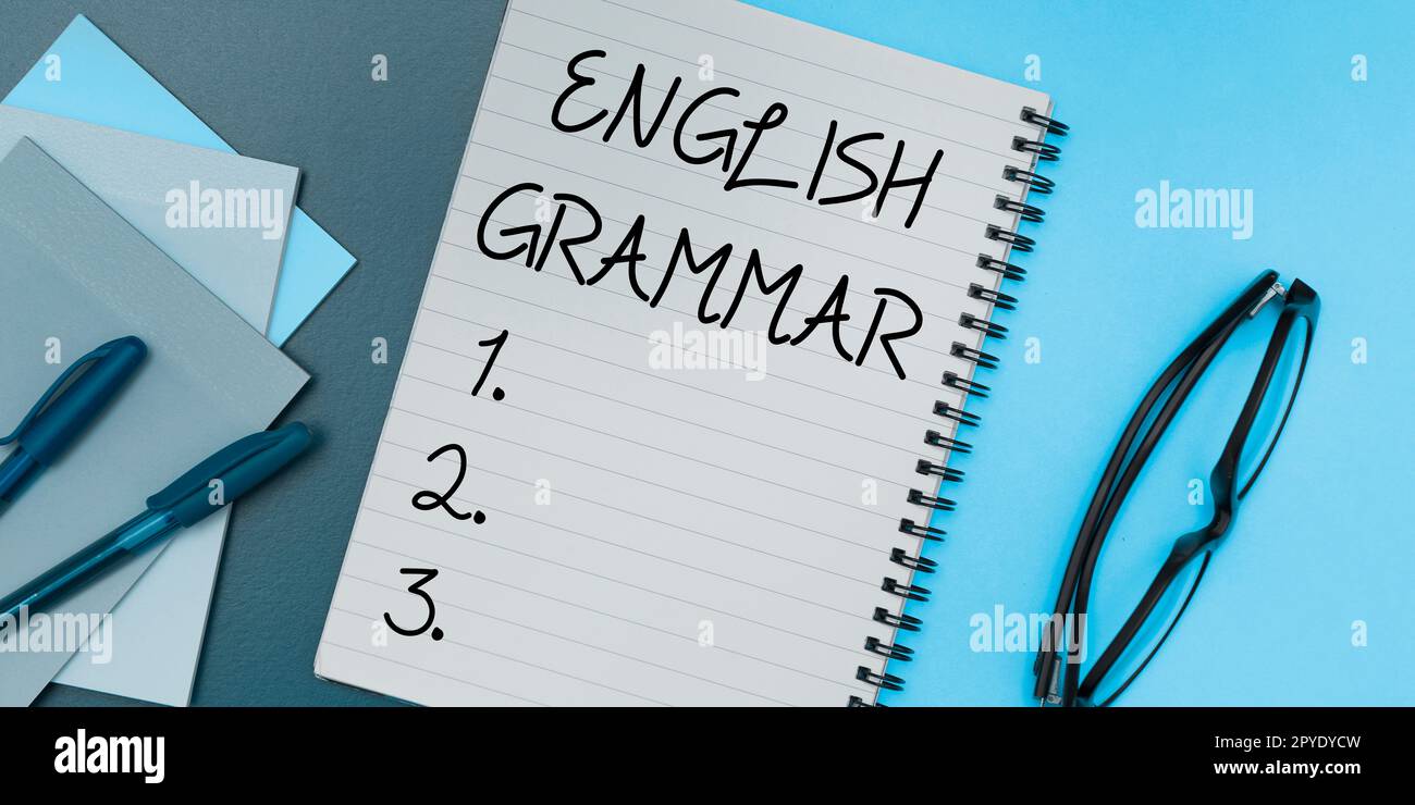 Handschriftlicher Text Englisch Grammatik. Word für Kurse decken alle Ebenen des englischen Sprech- und Schreibens ab Stockfoto