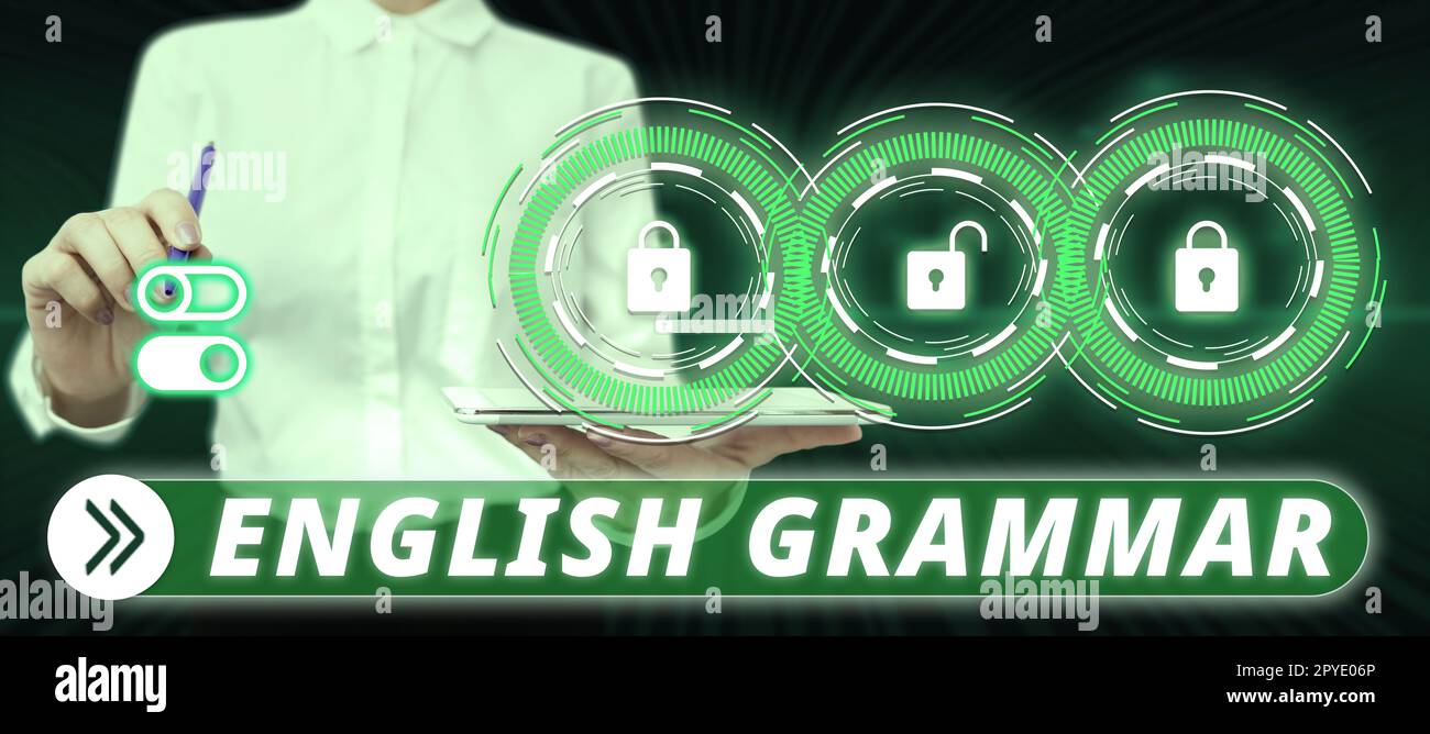Konzeptionelle Anzeige englische Grammatik. Die Kurse zur Unternehmensüberblick decken alle Ebenen der englischen Sprache und des Schreibens ab Stockfoto