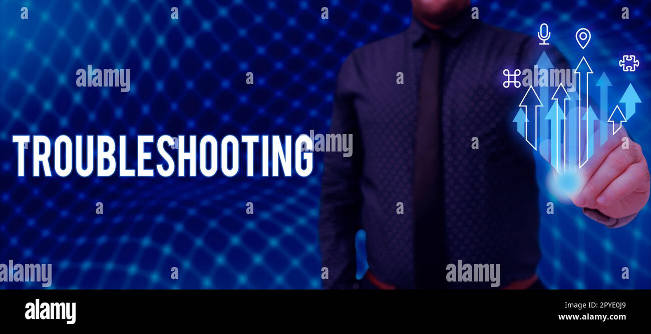 Inspiration mit Anzeige der Fehlersuche bei Schildern. Business Showcase eine Untersuchung oder Bearbeitung der Probleme ist aufgetreten Stockfoto