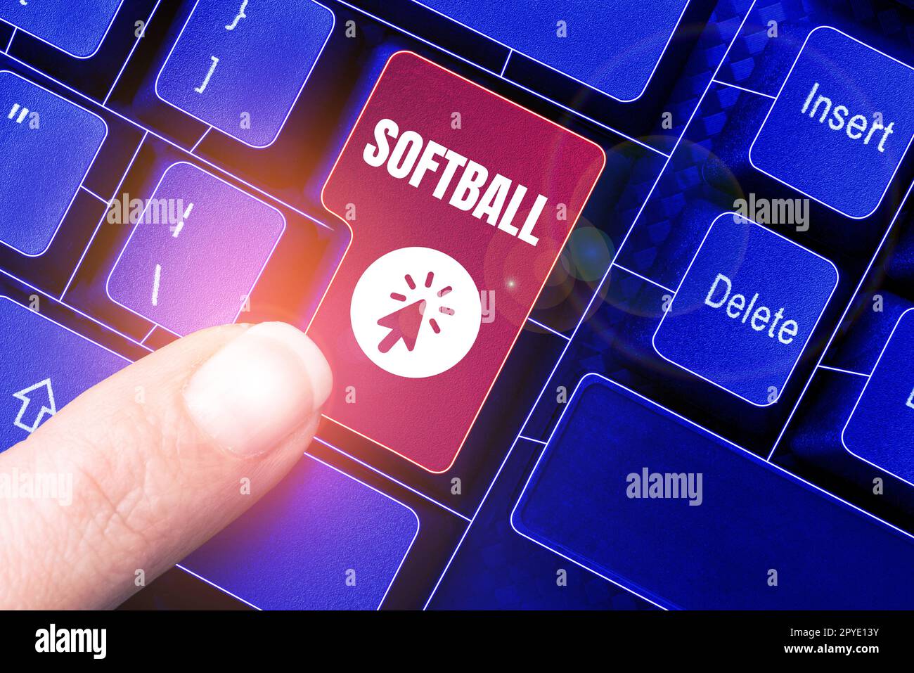 Handschriftliches Schild Softball. Ein Wort für einen Sport, der dem Baseball ähnelt, der mit einem Ball und einem Schläger gespielt wird Stockfoto