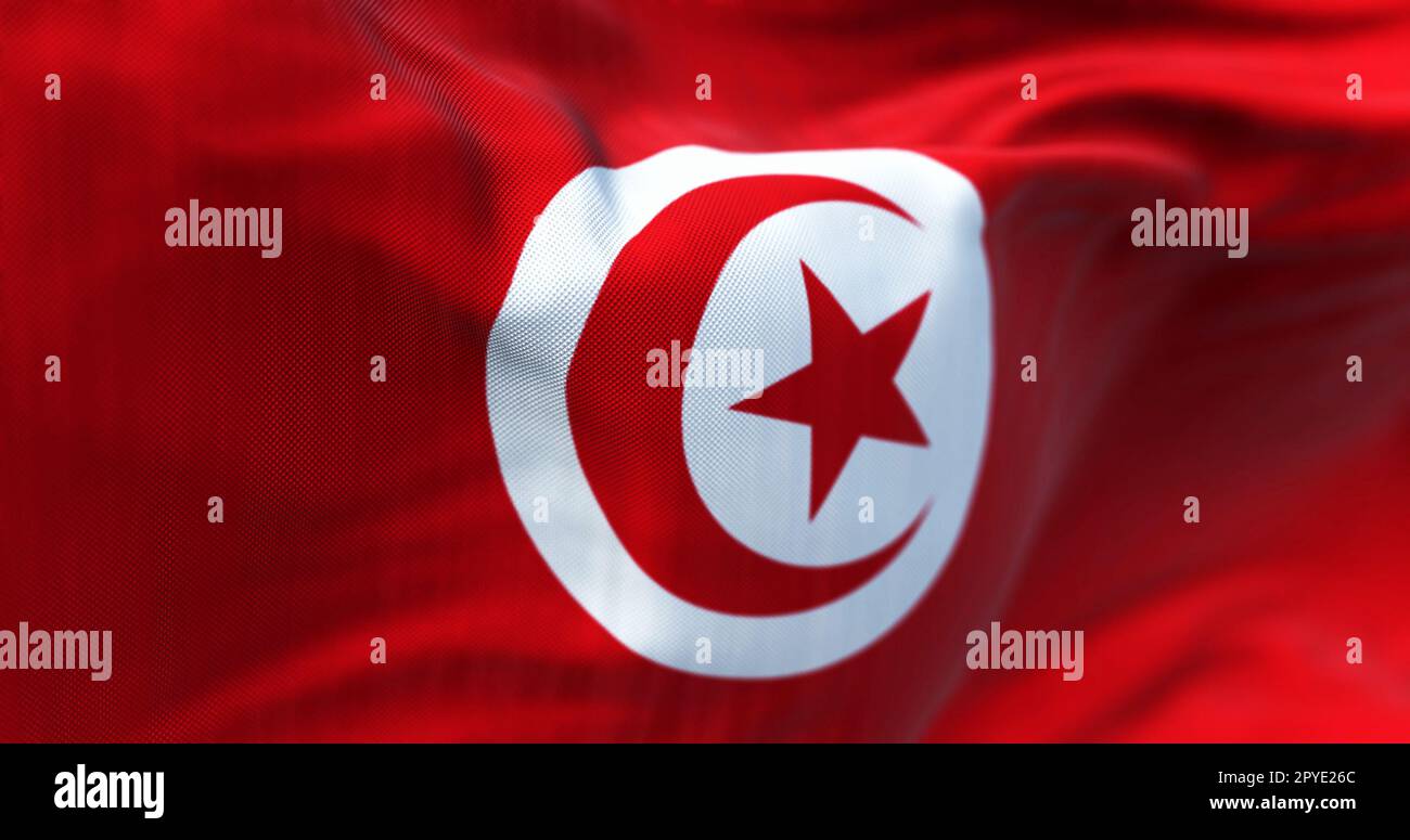 Angabe, dass die tunesische Nationalflagge wackelt. Rot mit weißem Kreis in der Mitte, roter Stern und Halbmond im Kreis. Maghreb-Region. Strukturiertes Material auf der Rückseite Stockfoto