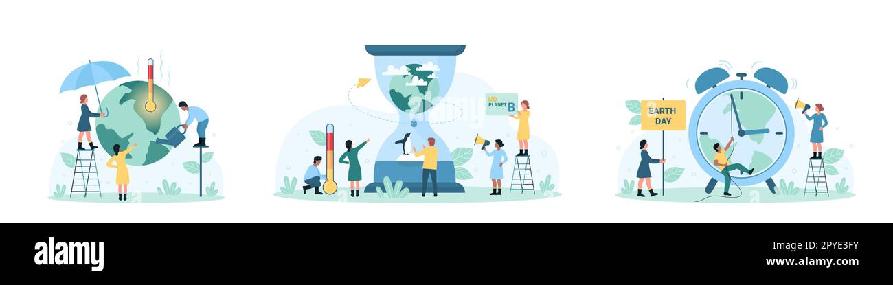 Abbildung: Festgelegter Vektor für Earth Day. Cartoon Tiny People reduzieren die globale Erwärmung mit Schirm und Gießkanne, drücken Hand auf Uhr mit Erde auf Ziffernblatt, Countdown der Zeit, um den Planeten zu retten in Sanduhr Stock Vektor