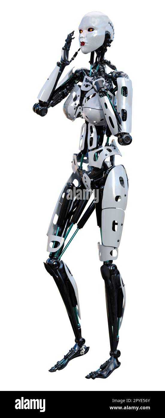 3D-Rendering eines weiblichen Roboter auf weißem Hintergrund Stockfoto