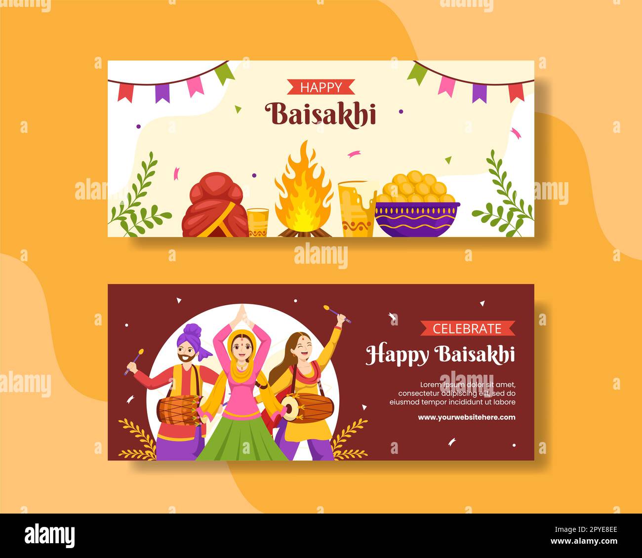 Happy Baisakhi Horizontal Banner Flat Cartoon Handgezeichnete Vorlagen Hintergrunddarstellung Stockfoto