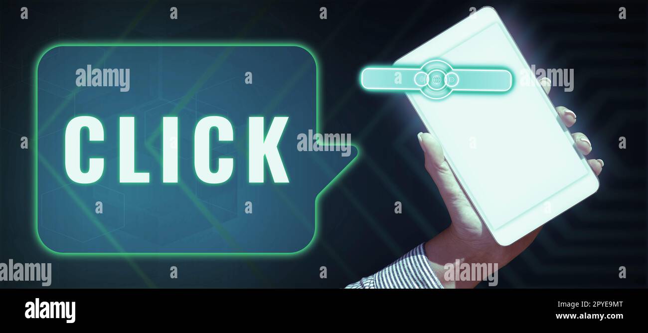 Schild, das Klick anzeigt. Word for Act: Drücken einer Taste an einer Maus Ähnliches Gerät scharfer kurzer Ton Stockfoto
