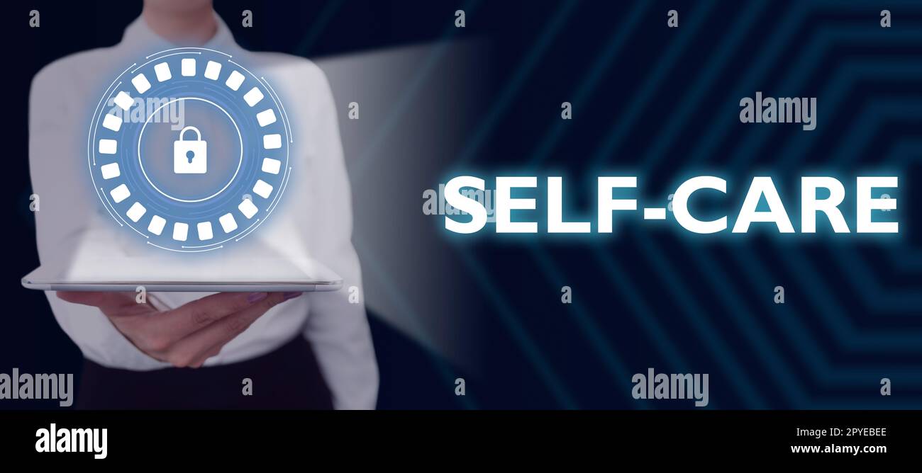 Handschriftlicher Text Self Care. Wort geschrieben über die Praxis, Maßnahmen zu ergreifen, um die eigene Gesundheit zu verbessern Stockfoto