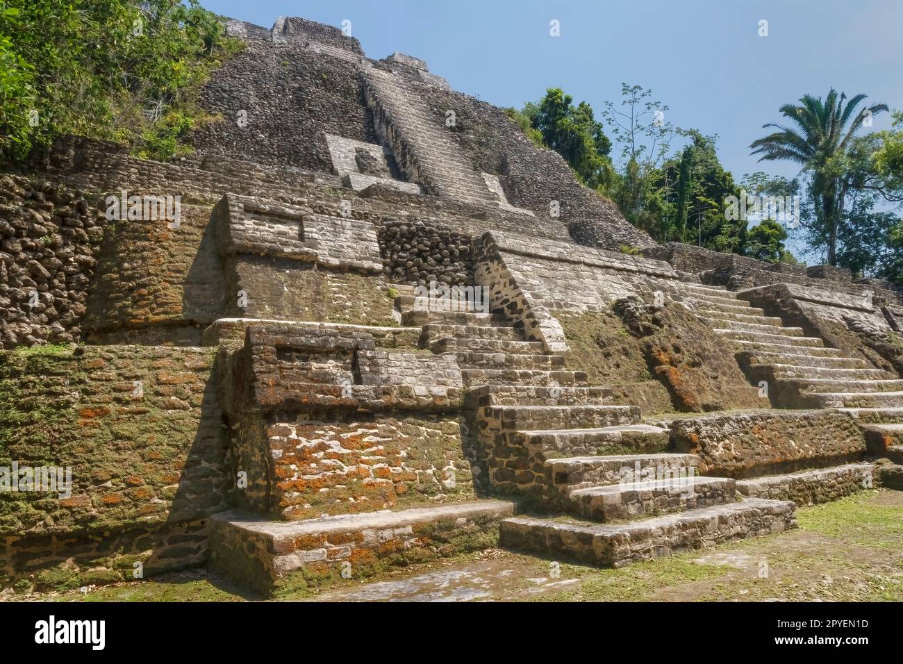 Der hohe Tempel von Lamanai, einst eine wichtige Stadt der Maya-Zivilisation, Belize. Stockfoto