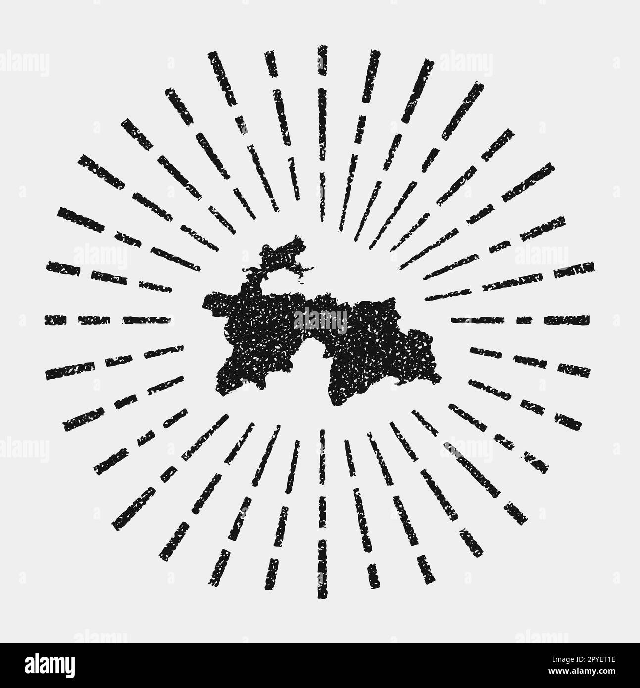 Alte Karte von Tadschikistan. Grunge-Sonnenaufgang im ganzen Land. Schwarzes Tadschikistan mit Sonnenstrahlen auf weißem Hintergrund. Vektordarstellung. Stock Vektor