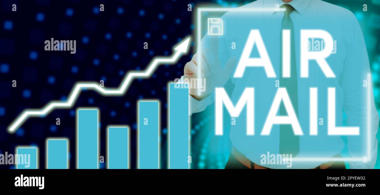 Konzeptionelle Überschrift Luftpost. Geschäftskonzept Brieftaschen und Pakete, die mit dem Flugzeug transportiert werden Stockfoto