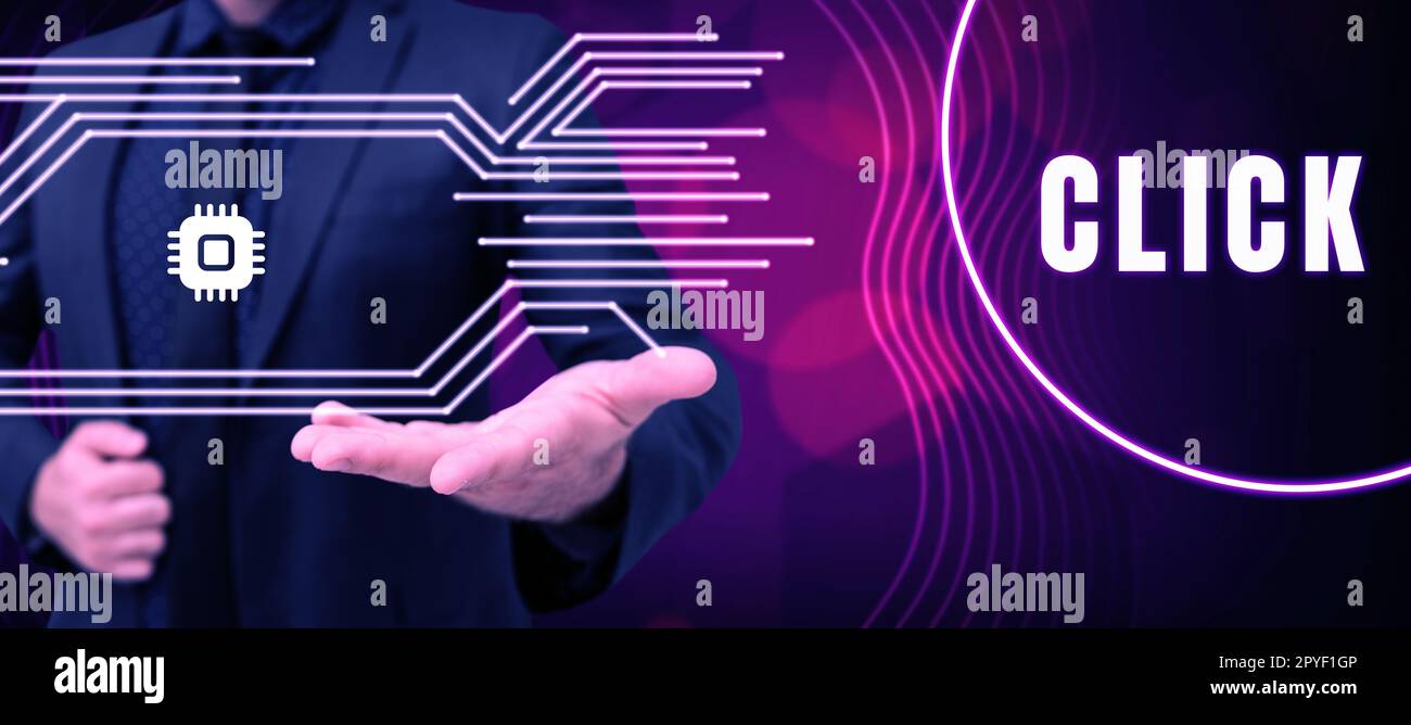 Textbeschriftung Präsentation Klicken Sie auf. Word for Act: Drücken einer Taste an einer Maus Ähnliches Gerät scharfer kurzer Ton Stockfoto