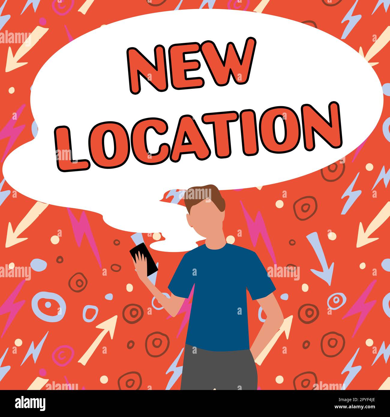 Schild mit der Anzeige „Neuer Ort“. Geschäftsidee an einem neuen Ort zu finden und zu Hause oder geschäftlich zu gründen Stockfoto