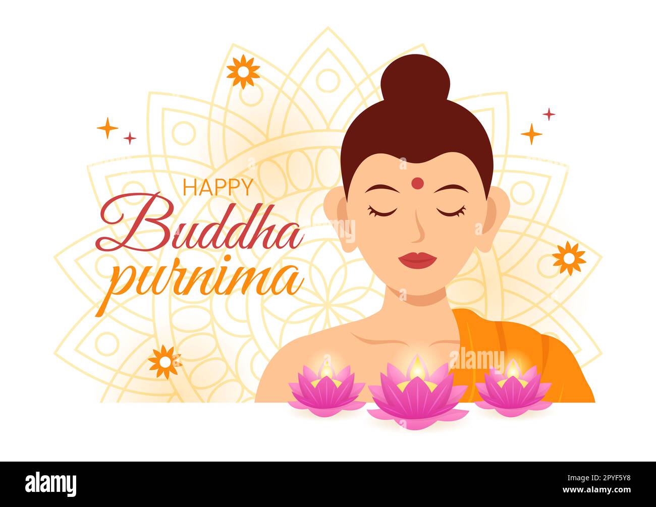 Happy Buddha Purnima Illustration with Vesak Day or Indian Festival to Spiritual in Flat Cartoon Hand Drawn for Web Banner or Landing Page Templates. (Alles gute zur Illustration Buddha Purnima mit Vesak Day oder Indian Festival zum spirituellen Zeichnen in fla Stockfoto