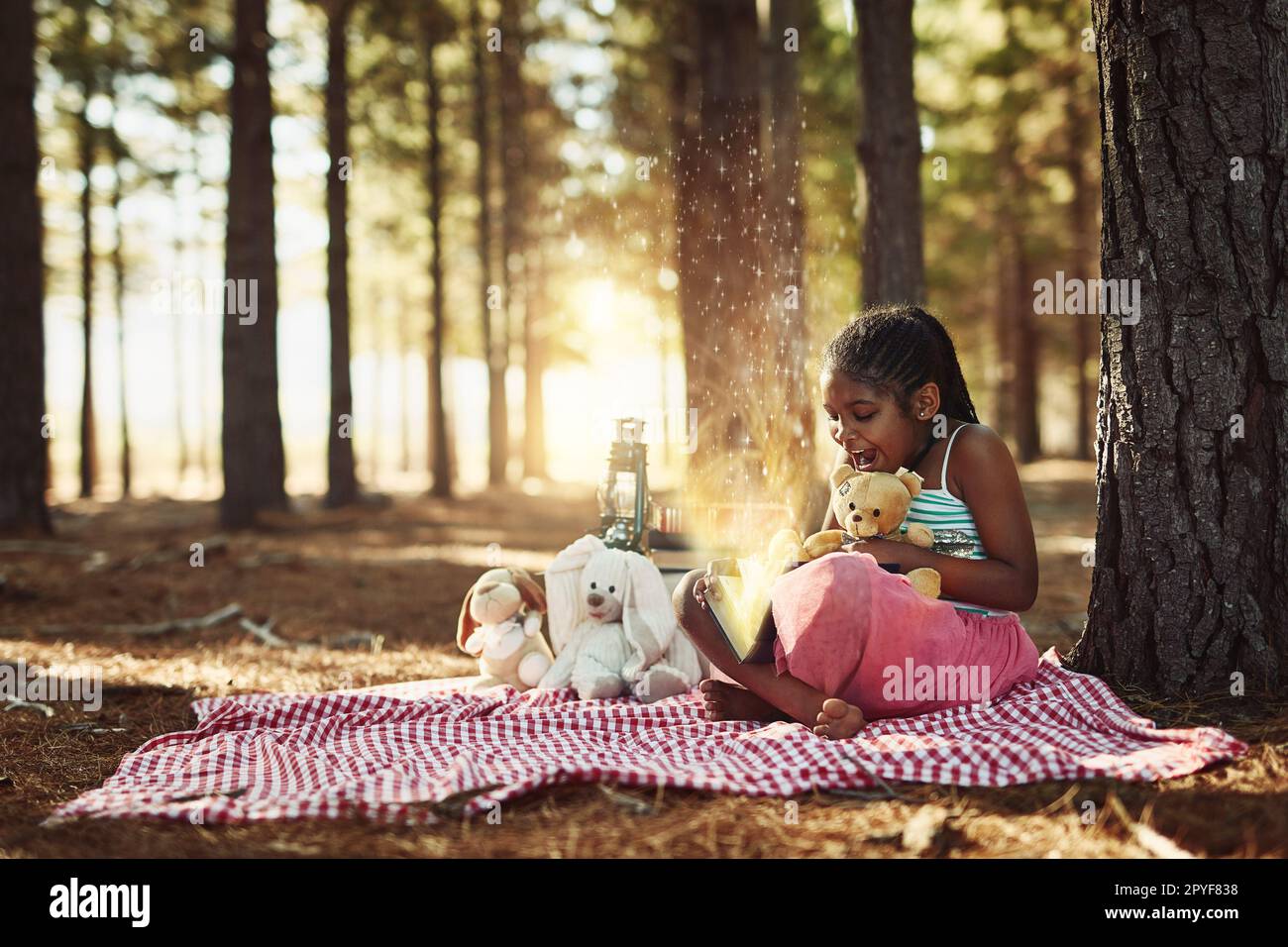 Die magischsten Orte finden Sie in Büchern. Ein kleines Mädchen liest ein Buch mit leuchtenden Seiten im Wald. Stockfoto