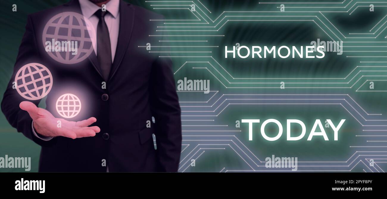 Zeichen zeigt Hormone an. Unternehmen präsentieren regulatorische Substanzen, die in Organtransportflüssigkeiten hergestellt werden Stockfoto