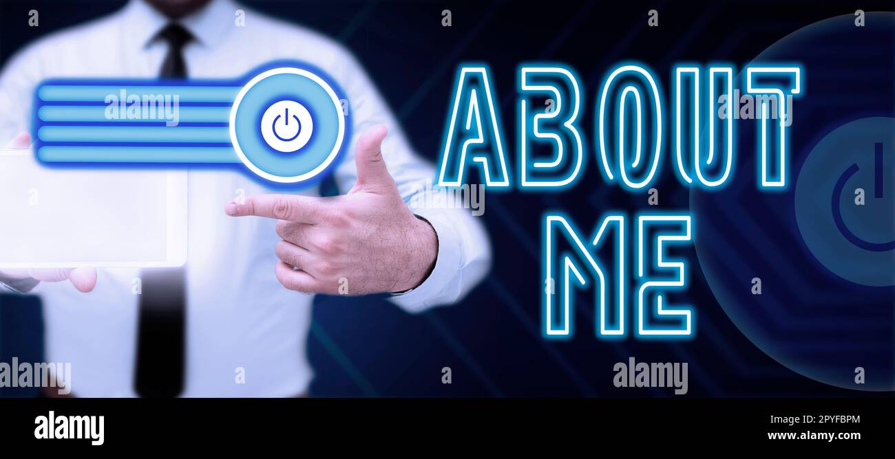 Textbeschriftung mit „über mich“. Unternehmensübersicht Meine persönlichen Eigenschaften Informationen „Gefällt mir“ und „Abneigung“ Stockfoto