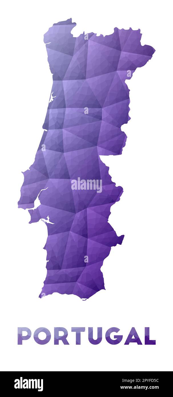 Karte von Portugal. Niedrige Poly-Darstellung des Landes. Lilafarbenes geometrisches Design. Darstellung des polygonalen Vektors. Stock Vektor