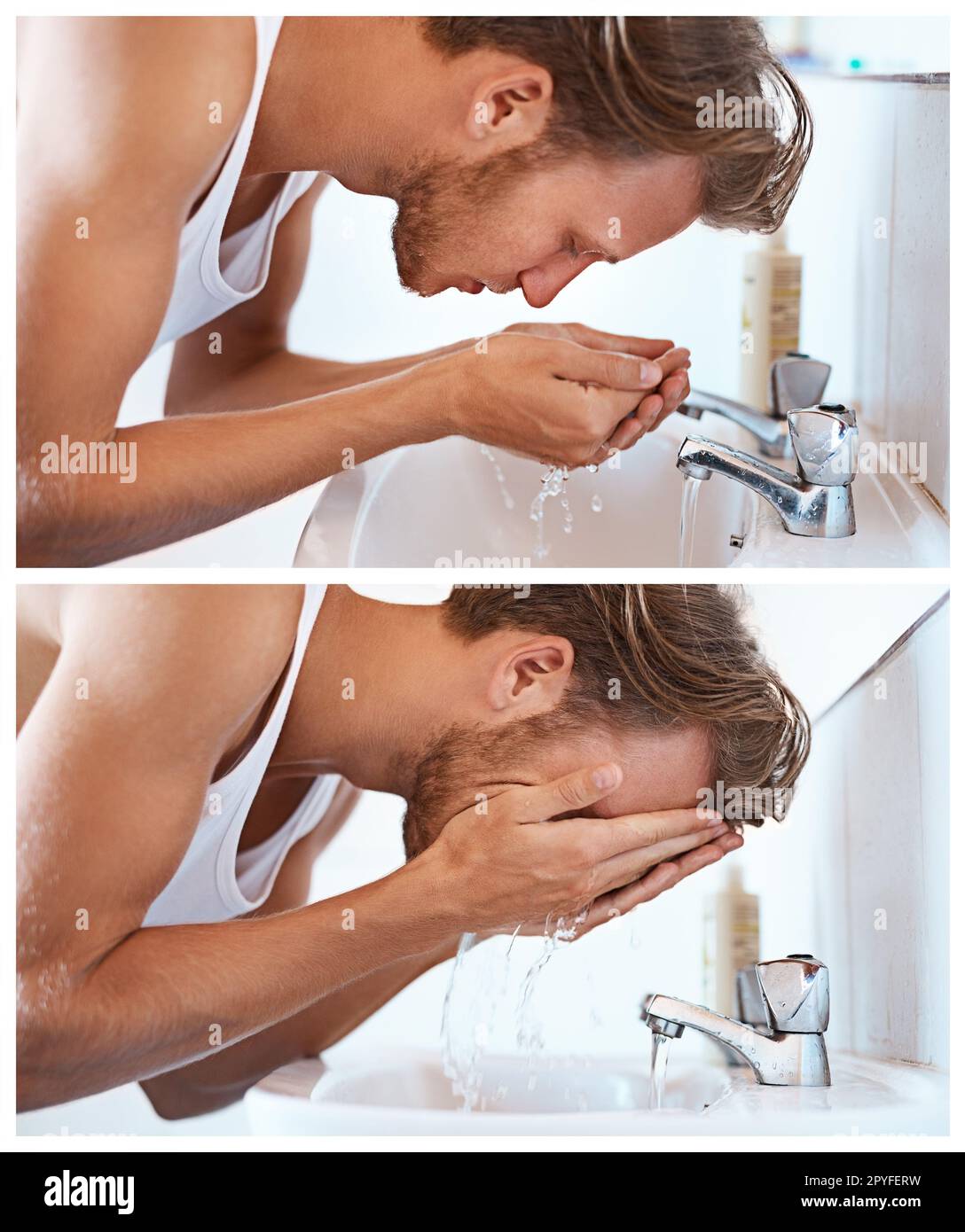 Ein erfrischender Start in den Tag. Ein junger Mann wäscht sich das Gesicht an einem Waschbecken im Bad. Stockfoto