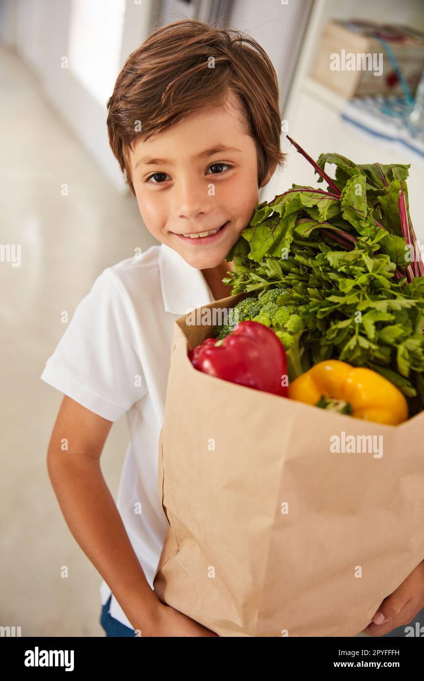 Hausarbeiten mit einem Lächeln erledigen. Porträt eines süßen kleinen Jungen, der eine Einkaufstüte in die Küche trägt. Stockfoto
