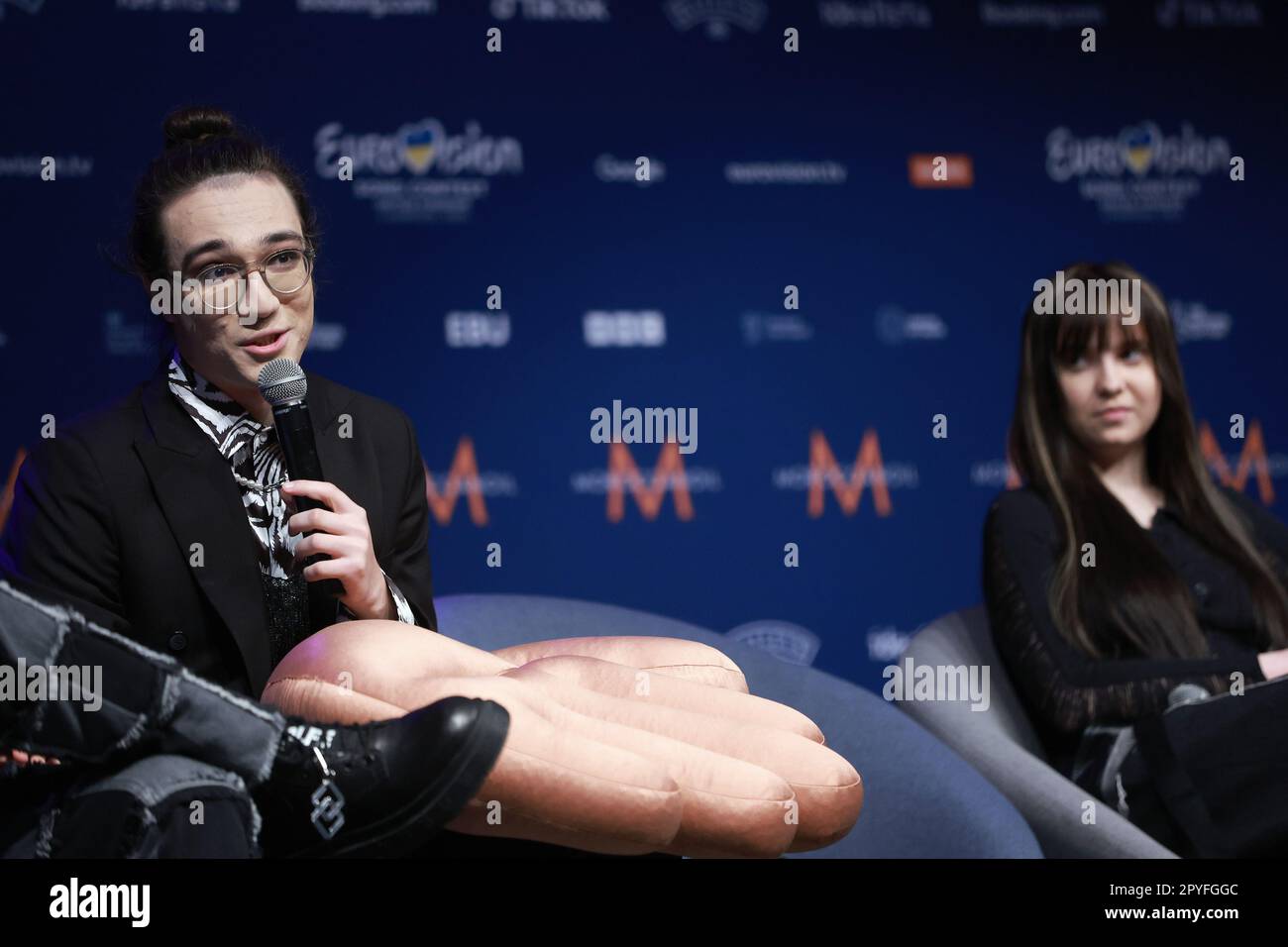 Liverpool, Großbritannien. 03. Mai 2023. Vertreter Rumäniens Theodor Andrei auf einer Pressekonferenz, die vom OGAE Eurovision Fan Club in Camp and Ofen in Liverpool, England, am 03. Mai 2023 veranstaltet wurde. Foto: Sanjin Strukic/PIXSELL Credit: Pixsell/Alamy Live News Stockfoto