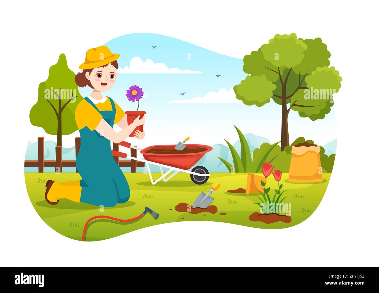 Gärtner Illustration mit Gartengeräten, Landwirtschaft, baut Gemüse im botanischen Sommergarten flache Cartoon, handgezeichnet für Landing Page Templates an Stockfoto