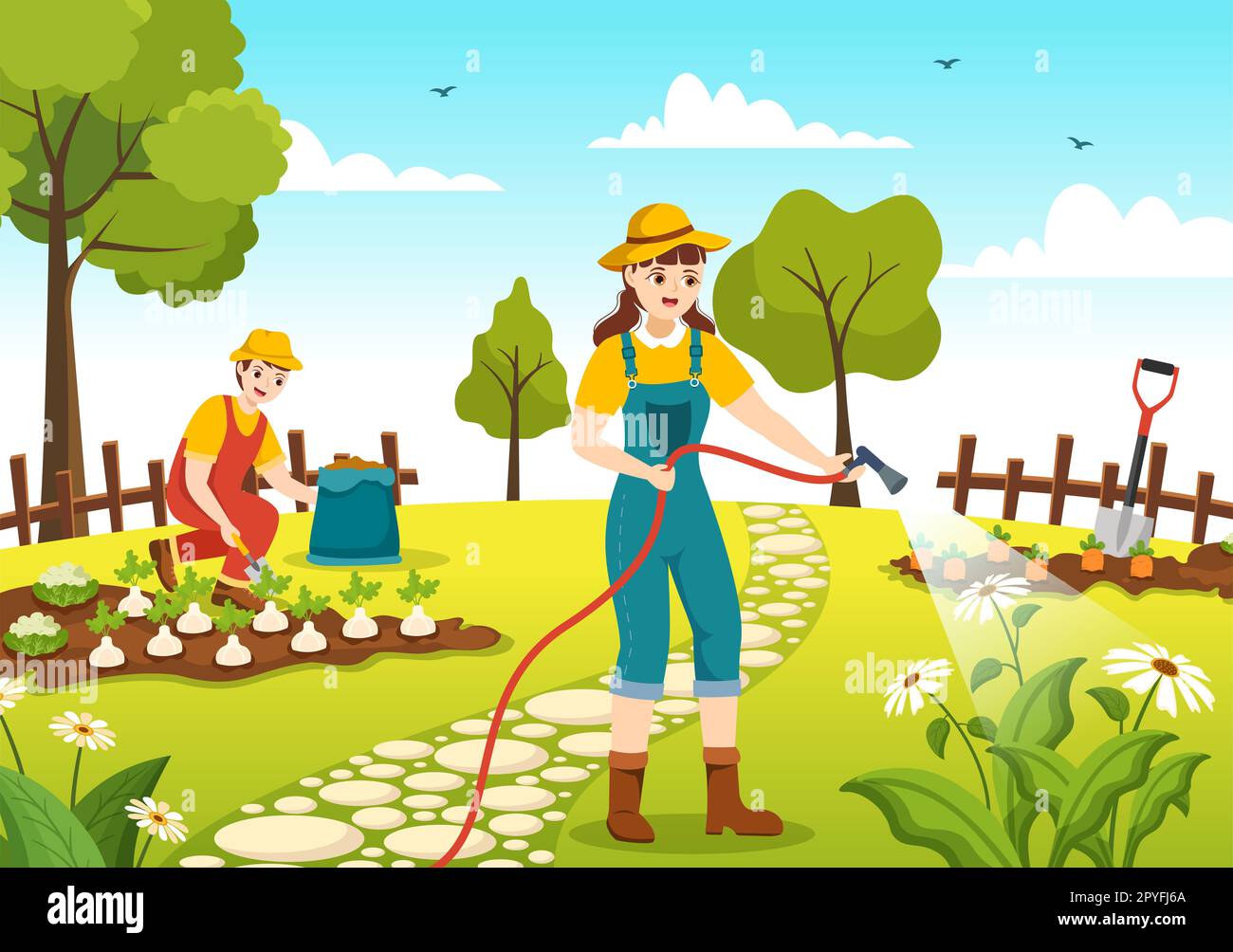 Gärtner Illustration mit Gartengeräten, Landwirtschaft, baut Gemüse im botanischen Sommergarten flache Cartoon, handgezeichnet für Landing Page Templates an Stockfoto