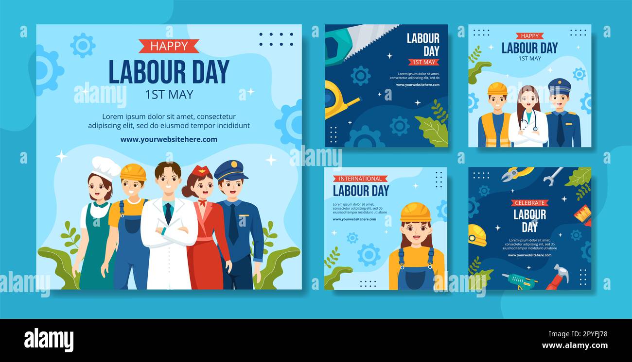 „Happy Labor Day“-Beitrag In Sozialen Medien Flat Cartoon Handgezeichnete Vorlagen Hintergrunddarstellung Stockfoto