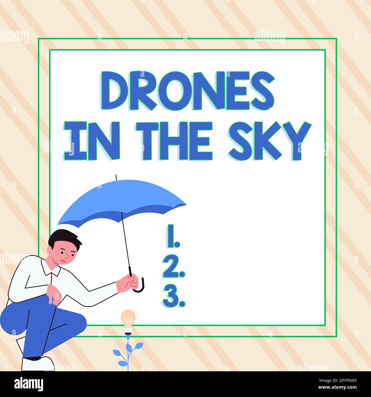 Schild mit Drohnen im Himmel. Business präsentiert moderne Luftkameratechnologie Stockfoto