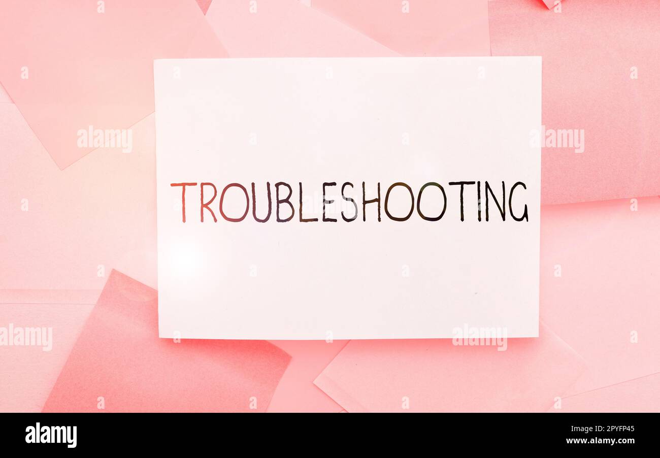 Textbeschriftung zur Darstellung der Fehlerbehebung. Geschäftsüberblick eine Untersuchung oder Behandlung der Probleme ist aufgetreten Stockfoto
