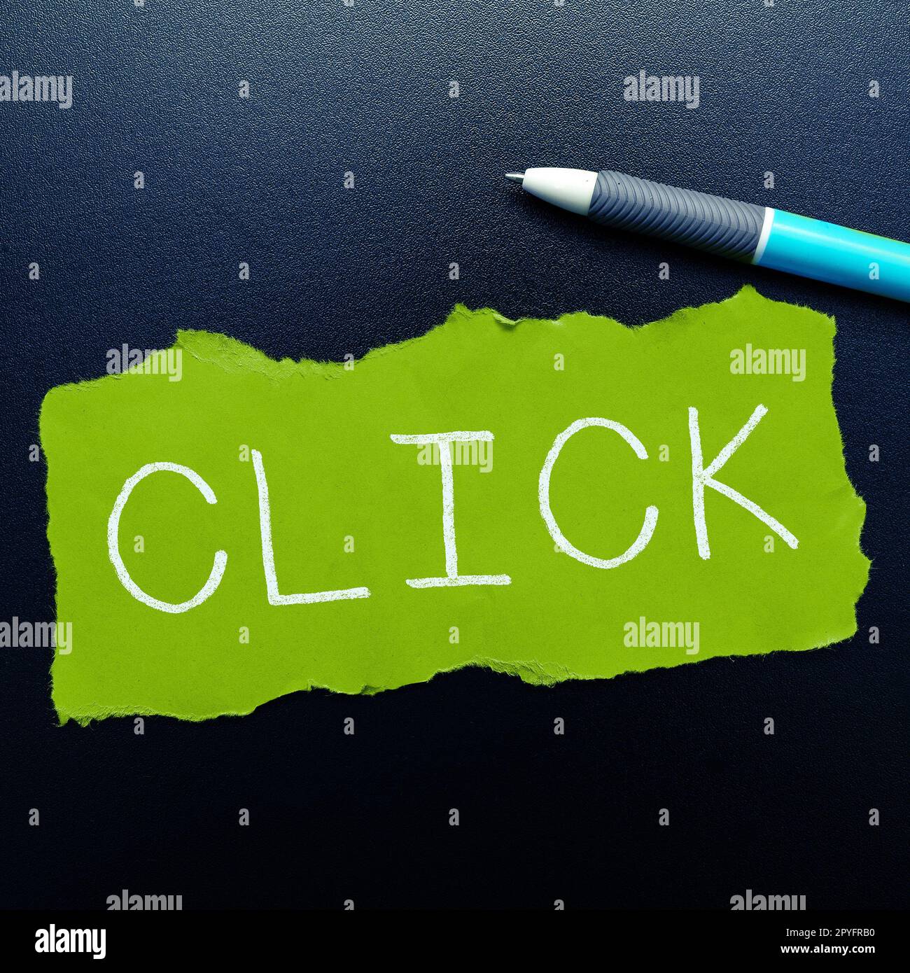 Schild, das Klick anzeigt. Internet Concept Act durch Drücken einer Taste an einer Maus Ähnliches Gerät scharfer kurzer Ton Stockfoto